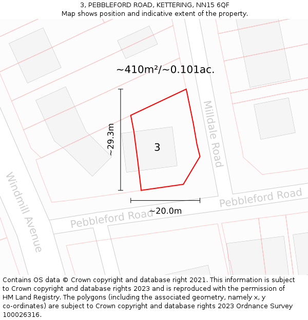 3, PEBBLEFORD ROAD, KETTERING, NN15 6QF: Plot and title map