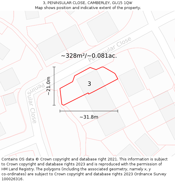 3, PENINSULAR CLOSE, CAMBERLEY, GU15 1QW: Plot and title map