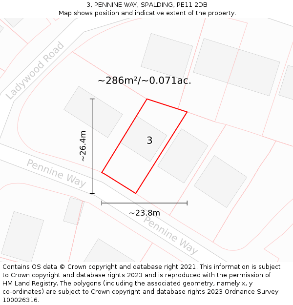 3, PENNINE WAY, SPALDING, PE11 2DB: Plot and title map