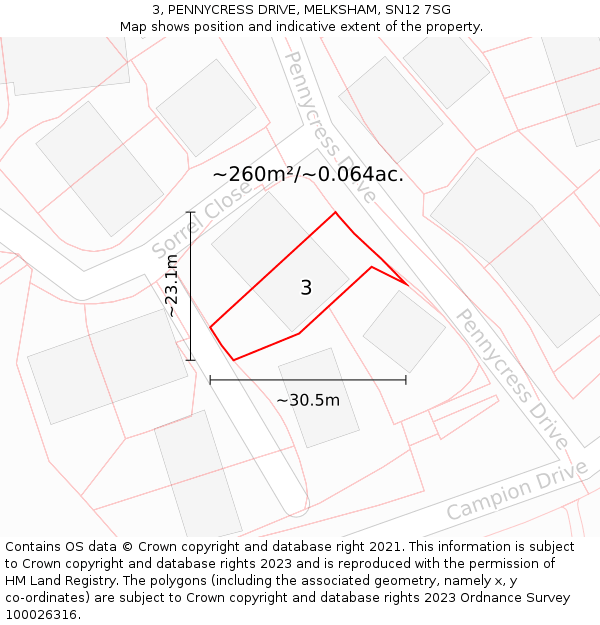 3, PENNYCRESS DRIVE, MELKSHAM, SN12 7SG: Plot and title map
