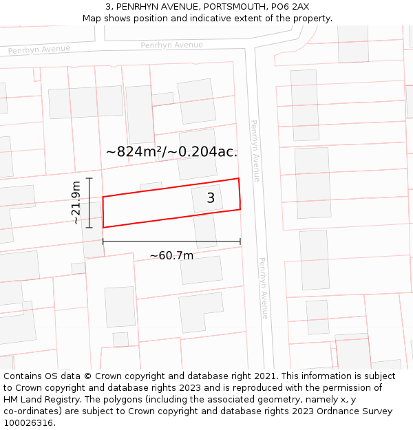 3, PENRHYN AVENUE, PORTSMOUTH, PO6 2AX: Plot and title map