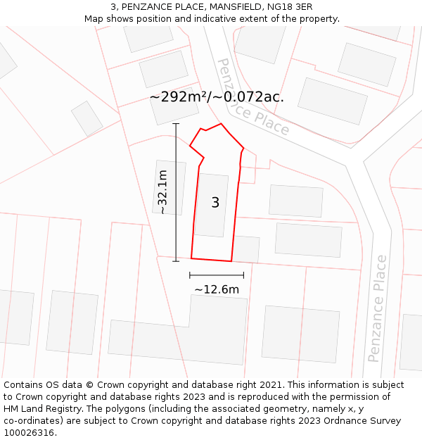 3, PENZANCE PLACE, MANSFIELD, NG18 3ER: Plot and title map