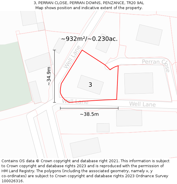 3, PERRAN CLOSE, PERRAN DOWNS, PENZANCE, TR20 9AL: Plot and title map