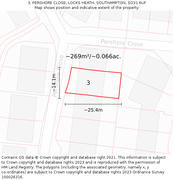 3, PERSHORE CLOSE, LOCKS HEATH, SOUTHAMPTON, SO31 6UF: Plot and title map