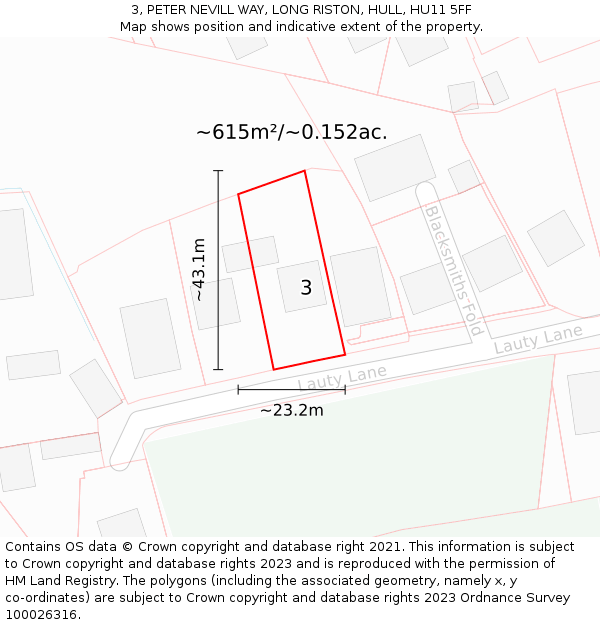 3, PETER NEVILL WAY, LONG RISTON, HULL, HU11 5FF: Plot and title map