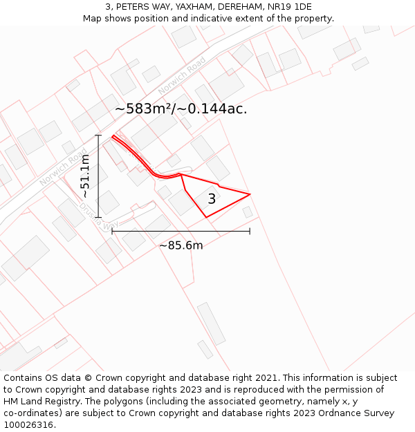3, PETERS WAY, YAXHAM, DEREHAM, NR19 1DE: Plot and title map