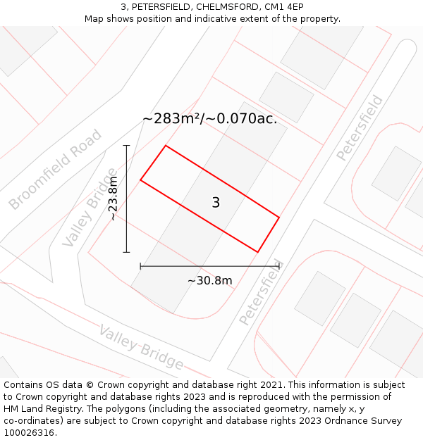 3, PETERSFIELD, CHELMSFORD, CM1 4EP: Plot and title map