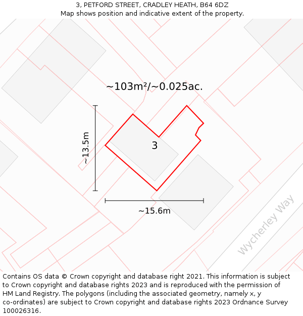 3, PETFORD STREET, CRADLEY HEATH, B64 6DZ: Plot and title map