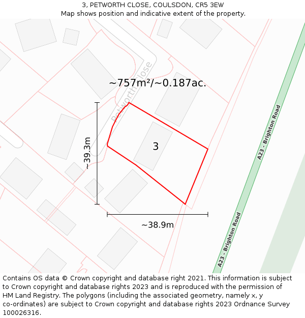 3, PETWORTH CLOSE, COULSDON, CR5 3EW: Plot and title map