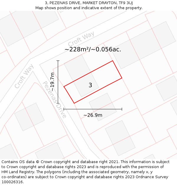 3, PEZENAS DRIVE, MARKET DRAYTON, TF9 3UJ: Plot and title map