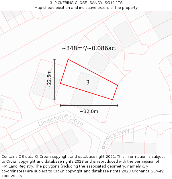 3, PICKERING CLOSE, SANDY, SG19 1TS: Plot and title map