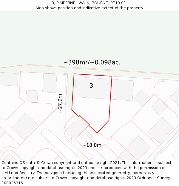 3, PIMPERNEL WALK, BOURNE, PE10 0FL: Plot and title map