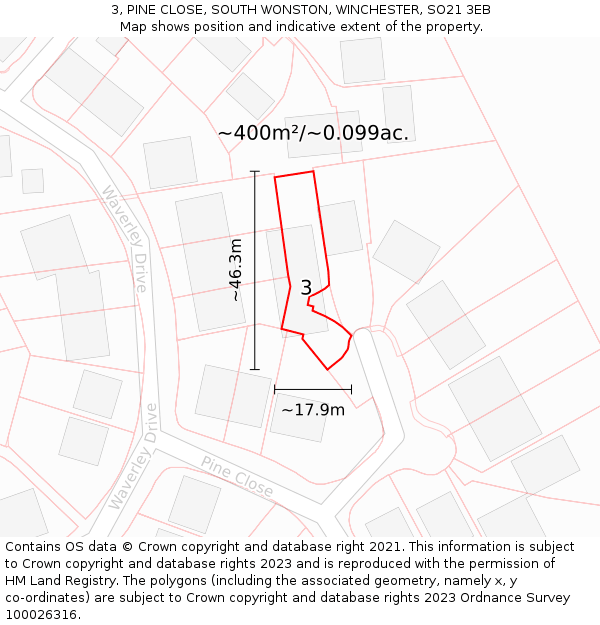 3, PINE CLOSE, SOUTH WONSTON, WINCHESTER, SO21 3EB: Plot and title map