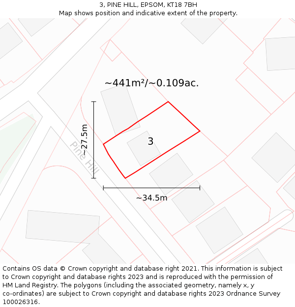 3, PINE HILL, EPSOM, KT18 7BH: Plot and title map