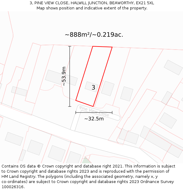 3, PINE VIEW CLOSE, HALWILL JUNCTION, BEAWORTHY, EX21 5XL: Plot and title map