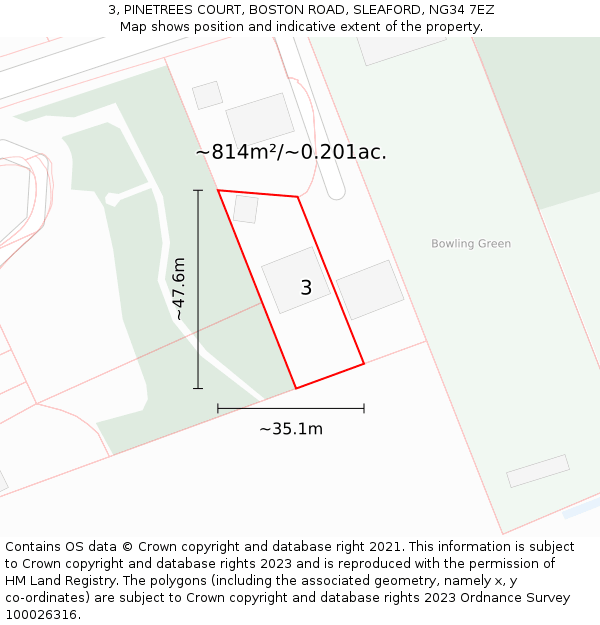 3, PINETREES COURT, BOSTON ROAD, SLEAFORD, NG34 7EZ: Plot and title map