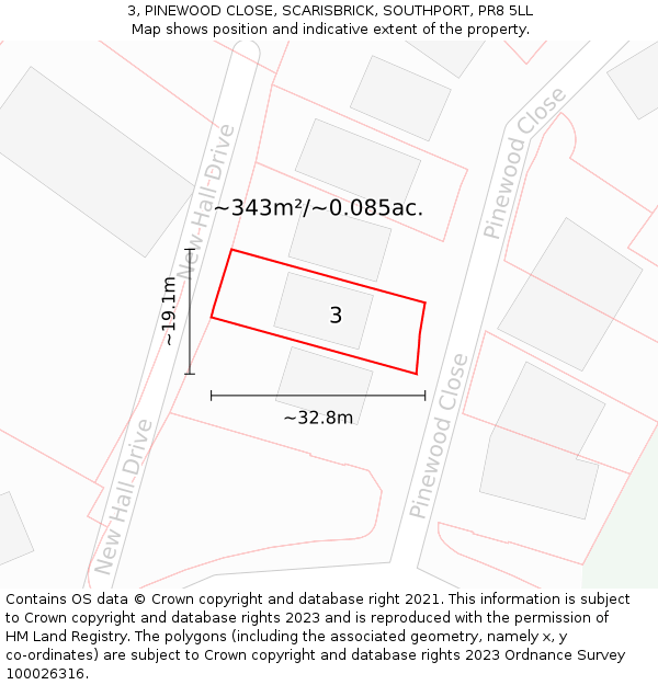 3, PINEWOOD CLOSE, SCARISBRICK, SOUTHPORT, PR8 5LL: Plot and title map