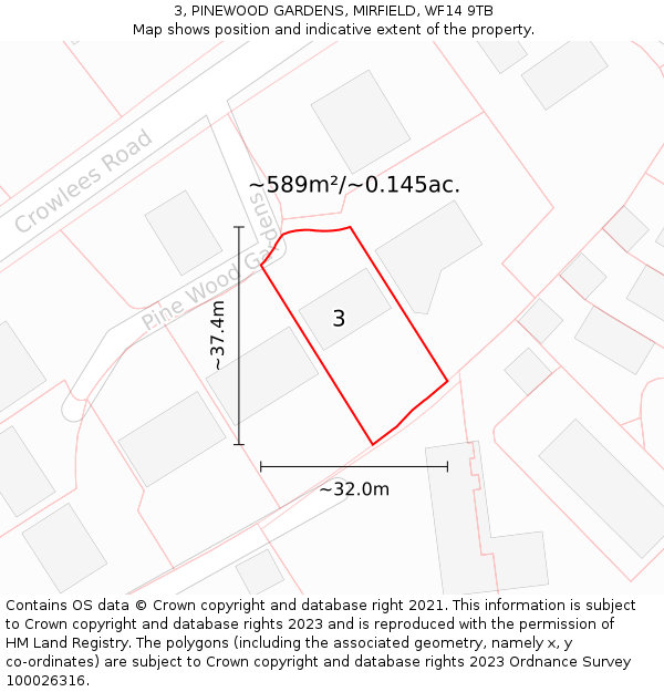 3, PINEWOOD GARDENS, MIRFIELD, WF14 9TB: Plot and title map