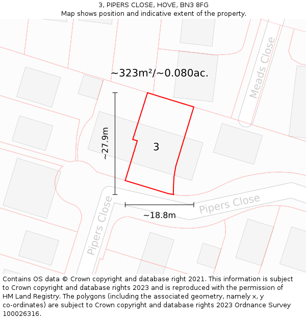 3, PIPERS CLOSE, HOVE, BN3 8FG: Plot and title map