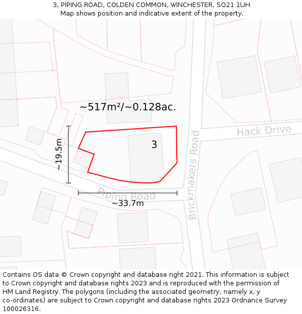 3, PIPING ROAD, COLDEN COMMON, WINCHESTER, SO21 1UH: Plot and title map