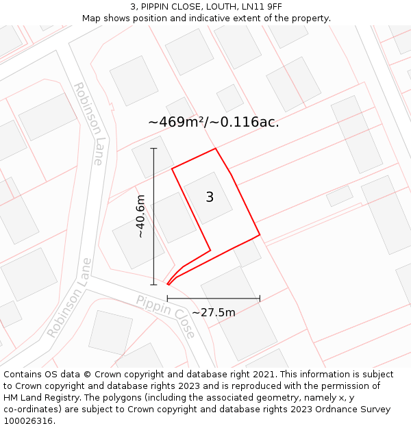 3, PIPPIN CLOSE, LOUTH, LN11 9FF: Plot and title map