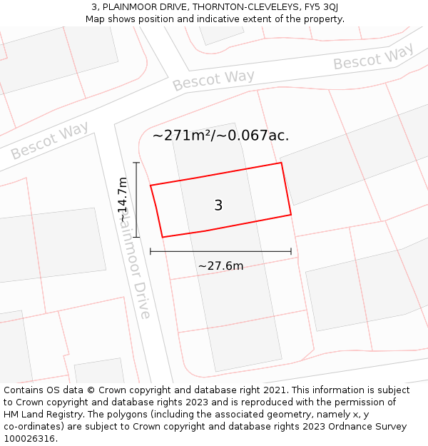 3, PLAINMOOR DRIVE, THORNTON-CLEVELEYS, FY5 3QJ: Plot and title map