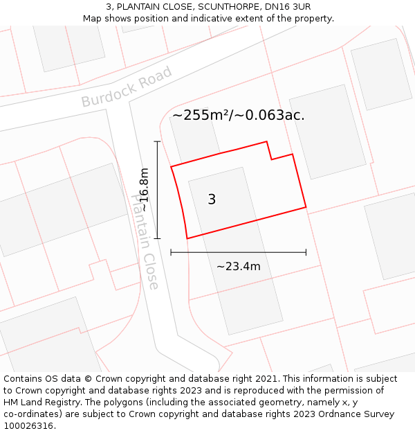 3, PLANTAIN CLOSE, SCUNTHORPE, DN16 3UR: Plot and title map