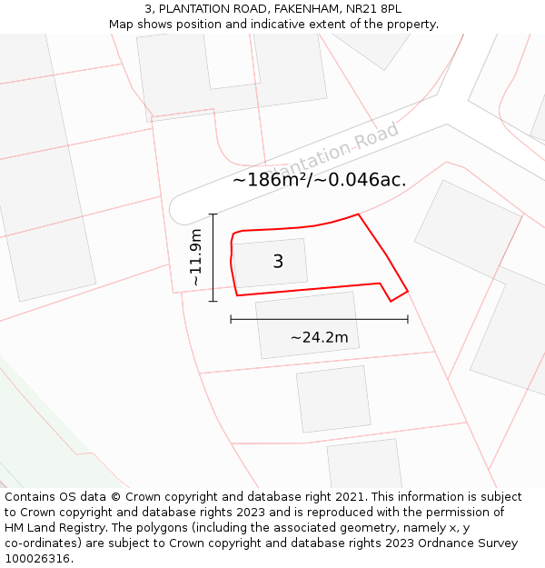 3, PLANTATION ROAD, FAKENHAM, NR21 8PL: Plot and title map