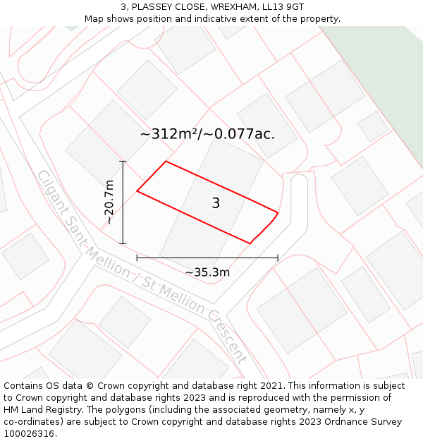 3, PLASSEY CLOSE, WREXHAM, LL13 9GT: Plot and title map