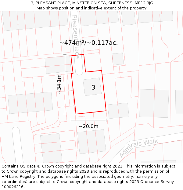 3, PLEASANT PLACE, MINSTER ON SEA, SHEERNESS, ME12 3JG: Plot and title map