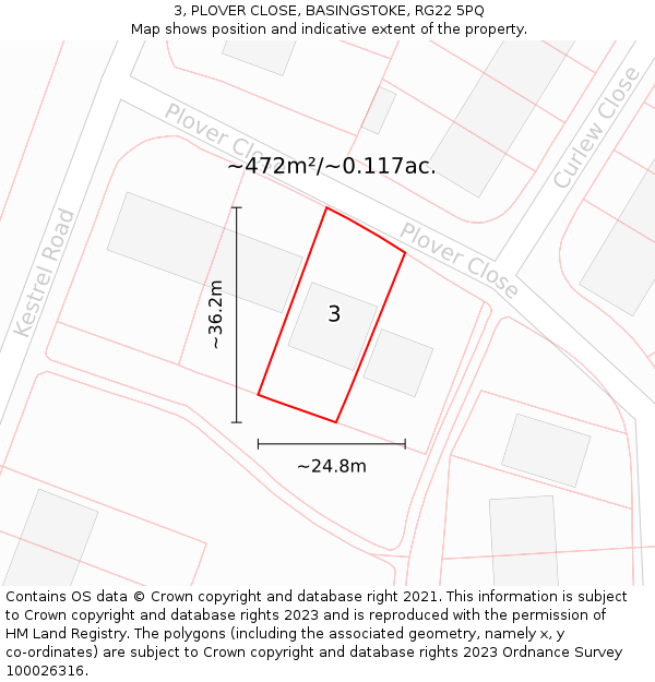 3, PLOVER CLOSE, BASINGSTOKE, RG22 5PQ: Plot and title map