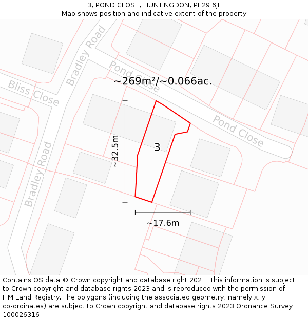 3, POND CLOSE, HUNTINGDON, PE29 6JL: Plot and title map