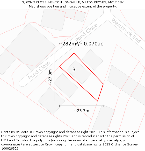 3, POND CLOSE, NEWTON LONGVILLE, MILTON KEYNES, MK17 0BY: Plot and title map