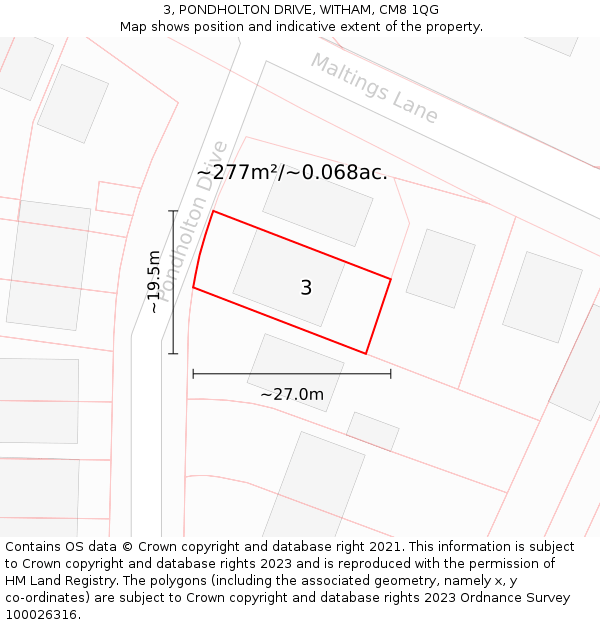 3, PONDHOLTON DRIVE, WITHAM, CM8 1QG: Plot and title map