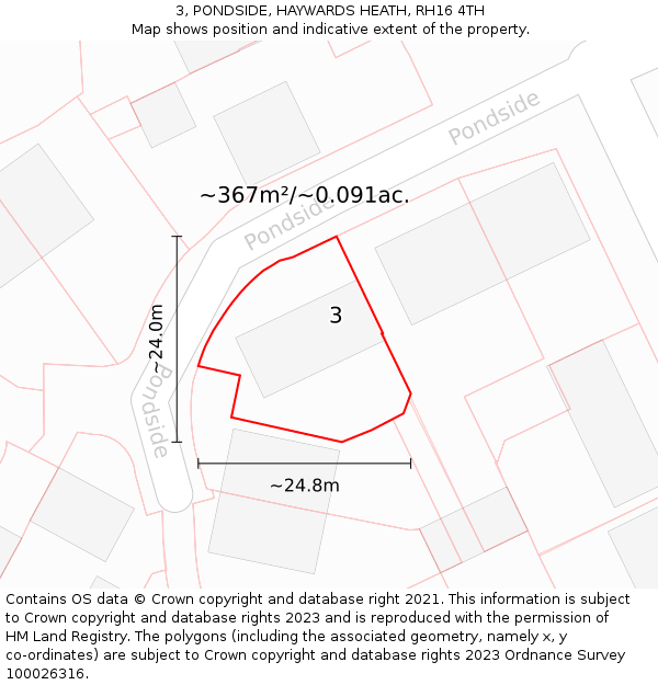 3, PONDSIDE, HAYWARDS HEATH, RH16 4TH: Plot and title map