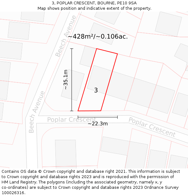 3, POPLAR CRESCENT, BOURNE, PE10 9SA: Plot and title map