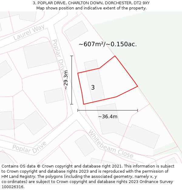 3, POPLAR DRIVE, CHARLTON DOWN, DORCHESTER, DT2 9XY: Plot and title map