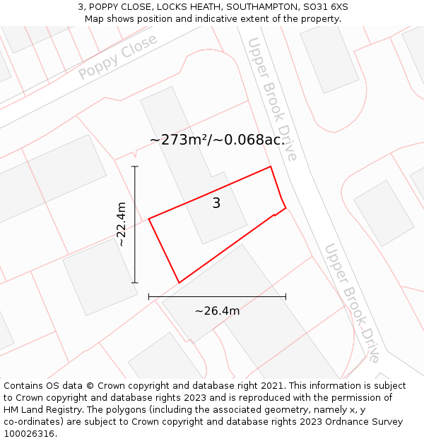 3, POPPY CLOSE, LOCKS HEATH, SOUTHAMPTON, SO31 6XS: Plot and title map