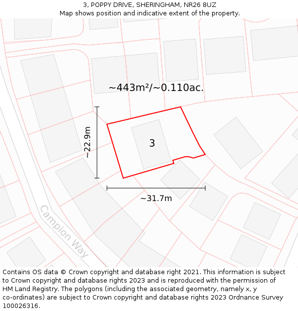 3, POPPY DRIVE, SHERINGHAM, NR26 8UZ: Plot and title map