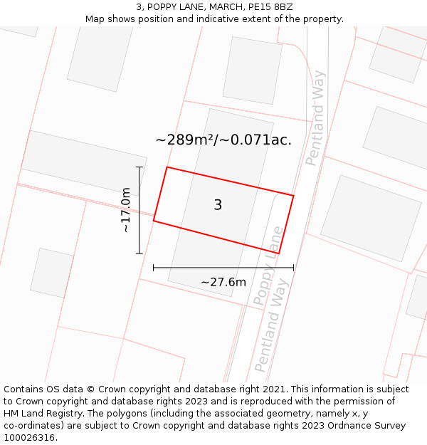 3, POPPY LANE, MARCH, PE15 8BZ: Plot and title map