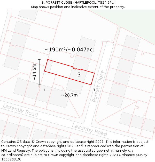 3, PORRETT CLOSE, HARTLEPOOL, TS24 9PU: Plot and title map