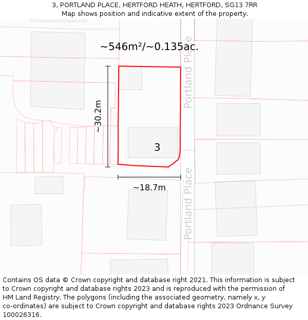 3, PORTLAND PLACE, HERTFORD HEATH, HERTFORD, SG13 7RR: Plot and title map