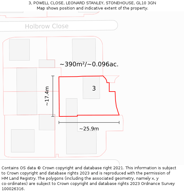 3, POWELL CLOSE, LEONARD STANLEY, STONEHOUSE, GL10 3GN: Plot and title map