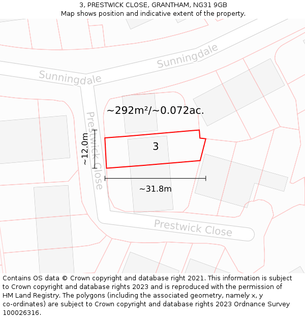 3, PRESTWICK CLOSE, GRANTHAM, NG31 9GB: Plot and title map