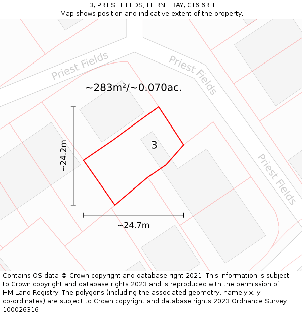 3, PRIEST FIELDS, HERNE BAY, CT6 6RH: Plot and title map