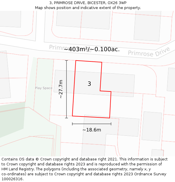 3, PRIMROSE DRIVE, BICESTER, OX26 3WP: Plot and title map