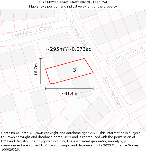 3, PRIMROSE ROAD, HARTLEPOOL, TS26 0WL: Plot and title map