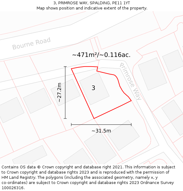 3, PRIMROSE WAY, SPALDING, PE11 1YT: Plot and title map