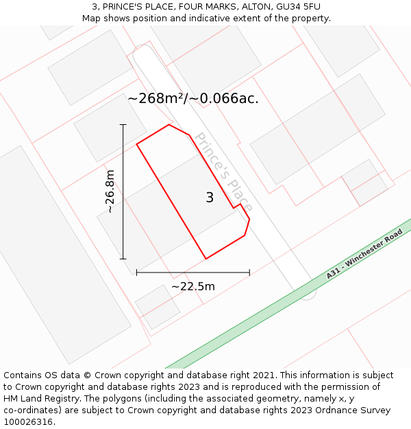 3, PRINCE'S PLACE, FOUR MARKS, ALTON, GU34 5FU: Plot and title map