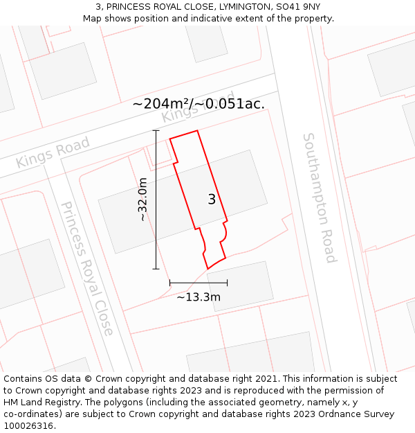 3, PRINCESS ROYAL CLOSE, LYMINGTON, SO41 9NY: Plot and title map